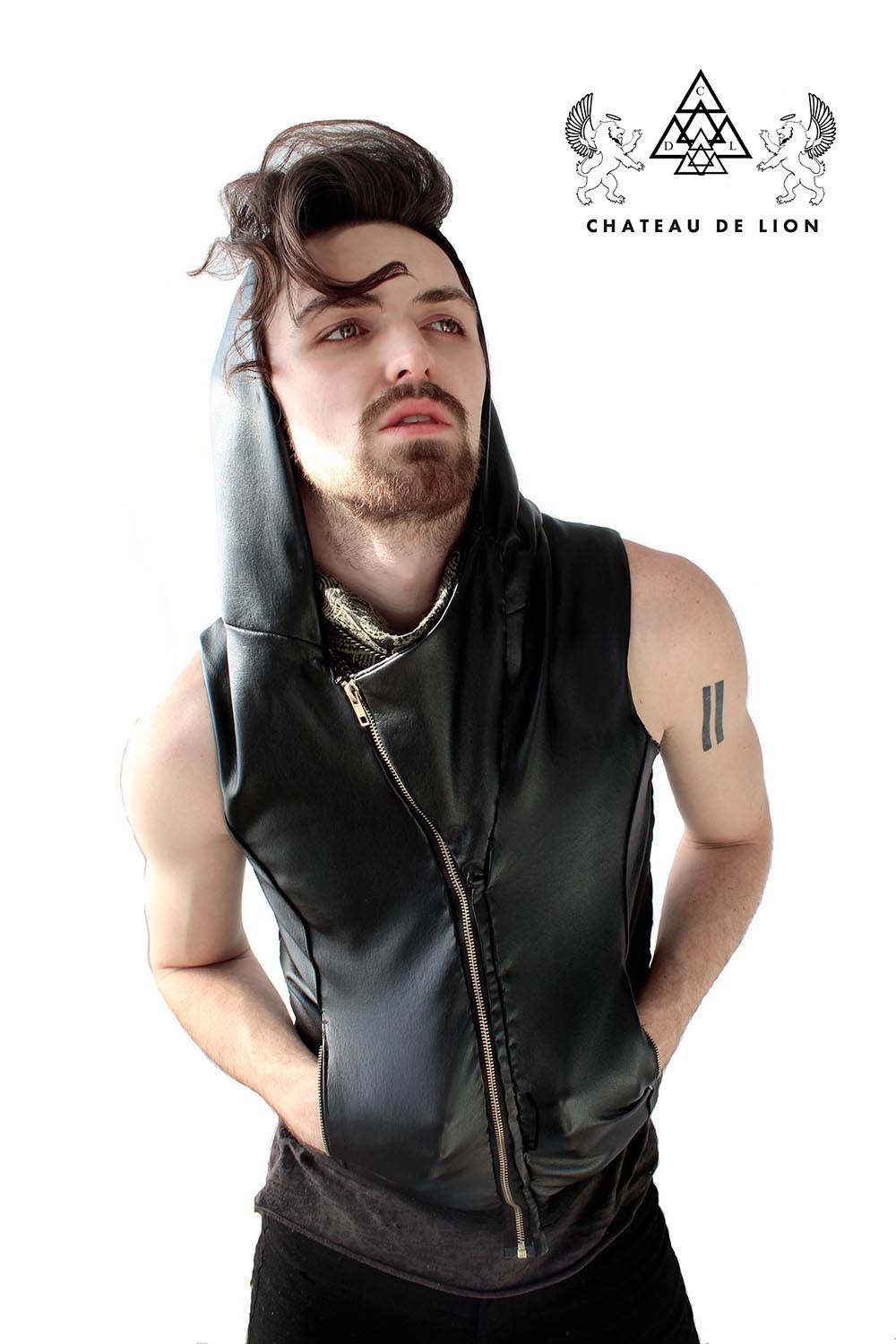 the cyber punk hooded vest jacket made by chateau de lion   cdl-vst-cybr-hd-blk