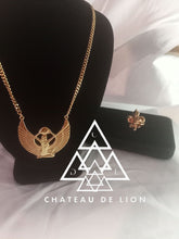 Egpytian Goddess isis pendant necklace and fluer de lis ring 14k gold  made by chateau de lion front view cdl-neck-isis-pnd-01