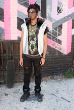 the f1 future vest worn by a model front view made by chateau de lion.   cdl-slvr-f1-vst-01