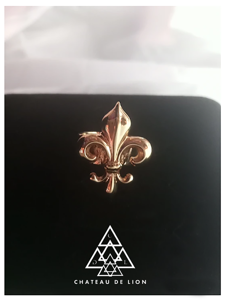 The Fluer De Lis ring in 14k gold made by chateau de lion. front view  cdl-rg-flr-gld-01