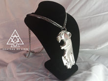 sterling silver jaguar shaman pendant necklace made by chateau de lion side view.   cdl-neck-jgr-pnd-01