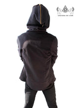 tailored designer motorcycle hoodie with ribbed details along sides of body of hoodie made by chateau de lion cdl-hdy-moto-01-blk. back view
