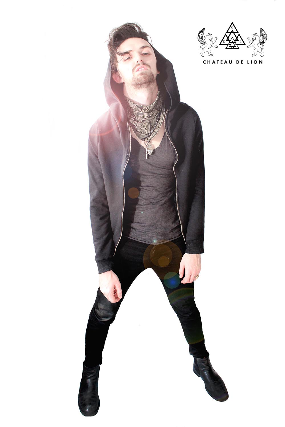 tailored designer motorcycle hoodie with ribbed details along sides of body of hoodie made by chateau de lion cdl-hdy-moto-01-blk.  front view