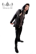 tailored designer motorcycle hoodie with ribbed details along sides of body of hoodie made by chateau de lion cdl-hdy-moto-01-blk.  side view