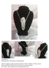 Samadhi clear quarts crystal amulet necklace with sterling silver fluer de lis motif made by chateau de lion front and side view . cdl-neck-smdhi-clr-qrtz-01