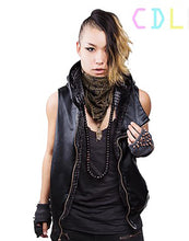 the cyberpunk hooded vest made by chateau de lion worn by a model.  cdl-vst-cybr-hd-blk