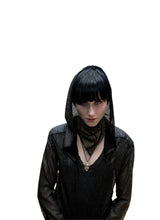 Model wearing Joan of arc long sleeve shirt made of fine Italian mesh cotton with vegan leather shoulder detail by Chateau De Lion