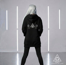 Queens Live Forever Hoodie by Chateau De Lion featuring cyber punk artwork premium luxury fashion worn by female model