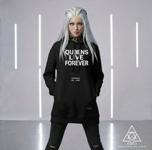 Queens Live Forever Hoodie by Chateau De Lion featuring cyber punk artwork premium luxury fashion worn by female model