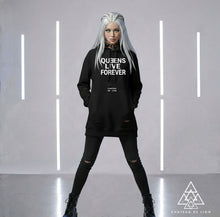 Queens Live Forever Hoodie by Chateau De Lion featuring cyber punk artwork premium luxury fashion worn by female model