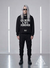 Queens Live Forever Hoodie by Chateau De Lion featuring cyber punk artwork premium luxury fashion worn by male model