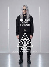 Queens Live Forever Hoodie by Chateau De Lion featuring cyber punk artwork premium luxury fashion worn by male model