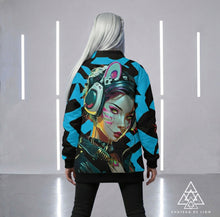 RVR GRL Blue Puffy Jacket by Chateau De Lion featuring cyber punk anime artwork premium luxury fashion worn by female model