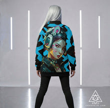 RVR GRL Blue Puffy Jacket by Chateau De Lion featuring cyber punk anime artwork premium luxury fashion worn by female model