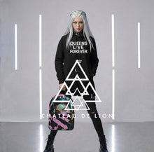 RVR GRL baby pink backpack modeled by female model wearing the queens live forever hoodie with cyber punk vibes by Chateau De Lion