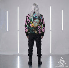 RVR GRL Baby Pink Bomber Jacket by Chateau De Lion featuring cyber punk anime artwork premium luxury fashion worn by male model