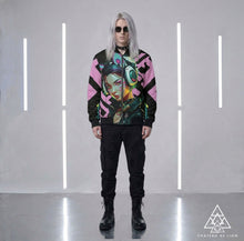 RVR GRL Baby Pink Bomber Jacket by Chateau De Lion featuring cyber punk anime artwork premium luxury fashion worn by male model