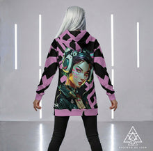 RVR GRL baby pink hoodie by Chateau De Lion featuring cyber punk anime artwork premium luxury fashion worn by female model