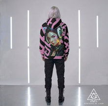 RVR GRL baby pink hoodie by Chateau De Lion featuring cyber punk anime artwork premium luxury fashion worn by male model