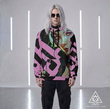 RVR GRL baby pink hoodie by Chateau De Lion featuring cyber punk anime artwork premium luxury fashion worn by male model