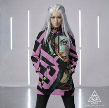 RVR GRL baby pink hoodie by Chateau De Lion featuring cyber punk anime artwork premium luxury fashion worn by female model