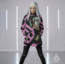RVR GRL baby pink hoodie by Chateau De Lion featuring cyber punk anime artwork premium luxury fashion worn by female model