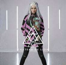 RVR GRL baby pink hoodie by Chateau De Lion featuring cyber punk anime artwork premium luxury fashion worn by female model