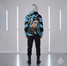 RVR GRL Blue Hoodie by Chateau De Lion featuring cyber punk anime artwork premium luxury fashion design worn by male model