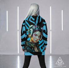 RVR GRL Blue Hoodie by Chateau De Lion featuring cyber punk anime artwork premium luxury fashion design worn by female model