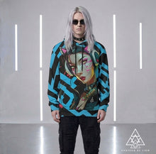 RVR GRL Blue Hoodie by Chateau De Lion featuring cyber punk anime artwork premium luxury fashion design worn by male model