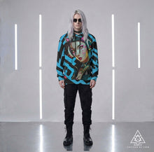 RVR GRL Blue Hoodie by Chateau De Lion featuring cyber punk anime artwork premium luxury fashion design worn by male model