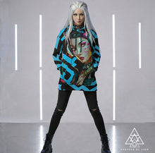 RVR GRL Blue Hoodie by Chateau De Lion featuring cyber punk anime artwork premium luxury fashion design worn by female model