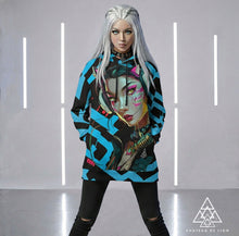RVR GRL Blue Hoodie by Chateau De Lion featuring cyber punk anime artwork premium luxury fashion design worn by female model