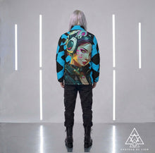 RVR GRL Blue Puffy Jacket by Chateau De Lion featuring cyber punk anime artwork premium luxury fashion worn by male model