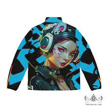 RVR GRL Blue Puffy Jacket by Chateau De Lion featuring cyber punk anime artwork premium luxury fashion 