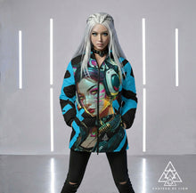 RVR GRL Blue Puffy Jacket by Chateau De Lion featuring cyber punk anime artwork premium luxury fashion worn by female model