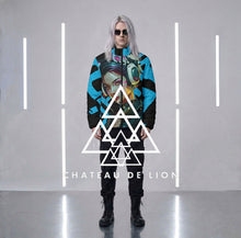 RVR GRL Blue Puffy Jacket by Chateau De Lion featuring cyber punk anime artwork premium luxury fashion worn by male model