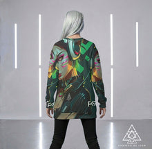 RVR GRL green graphic sweatshirt back view female model wearing cyber anime streetwear custom design by Chateau De Lion