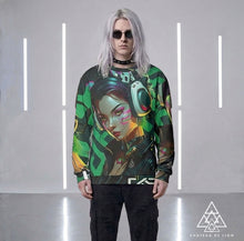RVR GRL green graphic sweatshirt front view male model wearing cyber anime streetwear custom design by Chateau De Lion