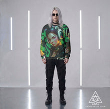 RVR GRL green graphic sweatshirt front view male model wearing cyber anime streetwear custom design by Chateau De Lion