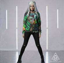 RVR GRL green graphic sweatshirt front view female model wearing cyber anime streetwear custom design by Chateau De Lion