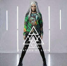 RVR GRL green graphic sweatshirt front view female model wearing cyber anime streetwear custom design by Chateau De Lion