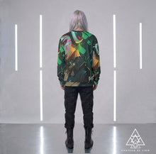 RVR GRL green graphic sweatshirt back view male model wearing cyber anime streetwear custom design by Chateau De Lion