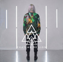 RVR GRL green graphic sweatshirt back view male model wearing cyber anime streetwear custom design by Chateau De Lion