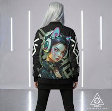 RVR GRL Grey Bomber Jacket by Chateau De Lion featuring cyber punk anime artwork premium luxury fashion design worn by female model