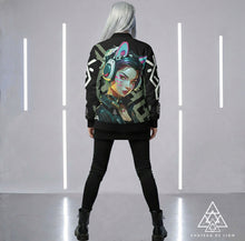 RVR GRL Grey Bomber Jacket by Chateau De Lion featuring cyber punk anime artwork premium luxury fashion design worn by female model
