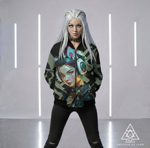 RVR GRL Grey Bomber Jacket by Chateau De Lion featuring cyber punk anime artwork premium luxury fashion design worn by female model