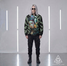 RVR GRL Grey Bomber Jacket by Chateau De Lion featuring cyber punk anime artwork premium luxury fashion design worn by male model