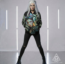 RVR GRL Grey Bomber Jacket by Chateau De Lion featuring cyber punk anime artwork premium luxury fashion design worn by female model