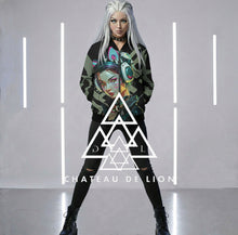 RVR GRL Grey Bomber Jacket by Chateau De Lion featuring cyber punk anime artwork premium luxury fashion design worn by female model